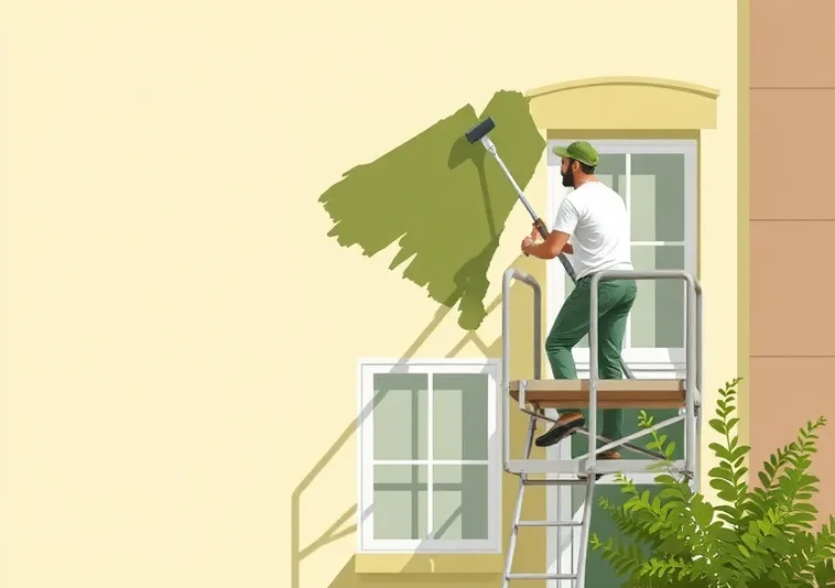 Peintre sur échafaudage traitant la façade d'une maison