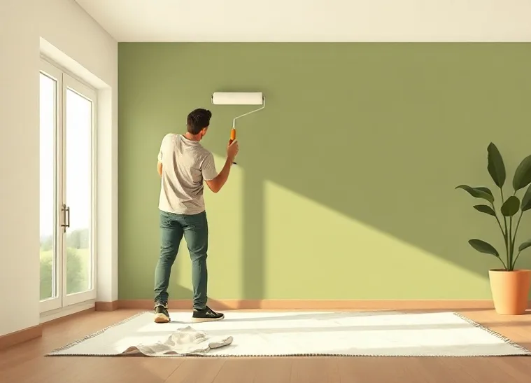 Peintre appliquant la peinture au rouleau sur un mur de salon